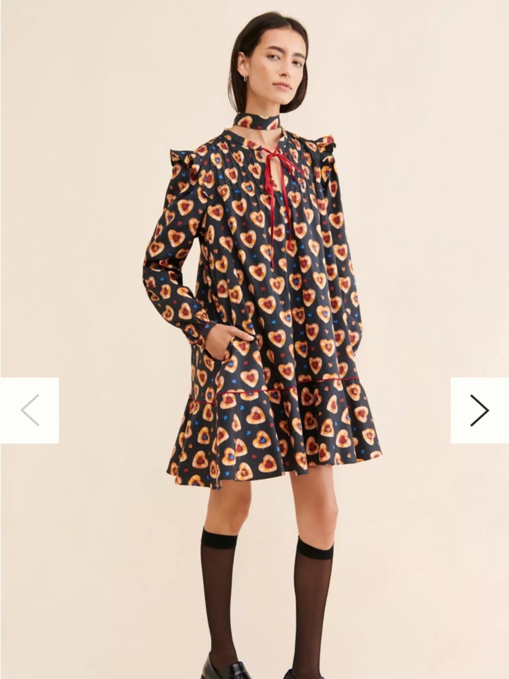 Rachel Antonoff Navy Heart-Print Ruffle Dress with Red Tie